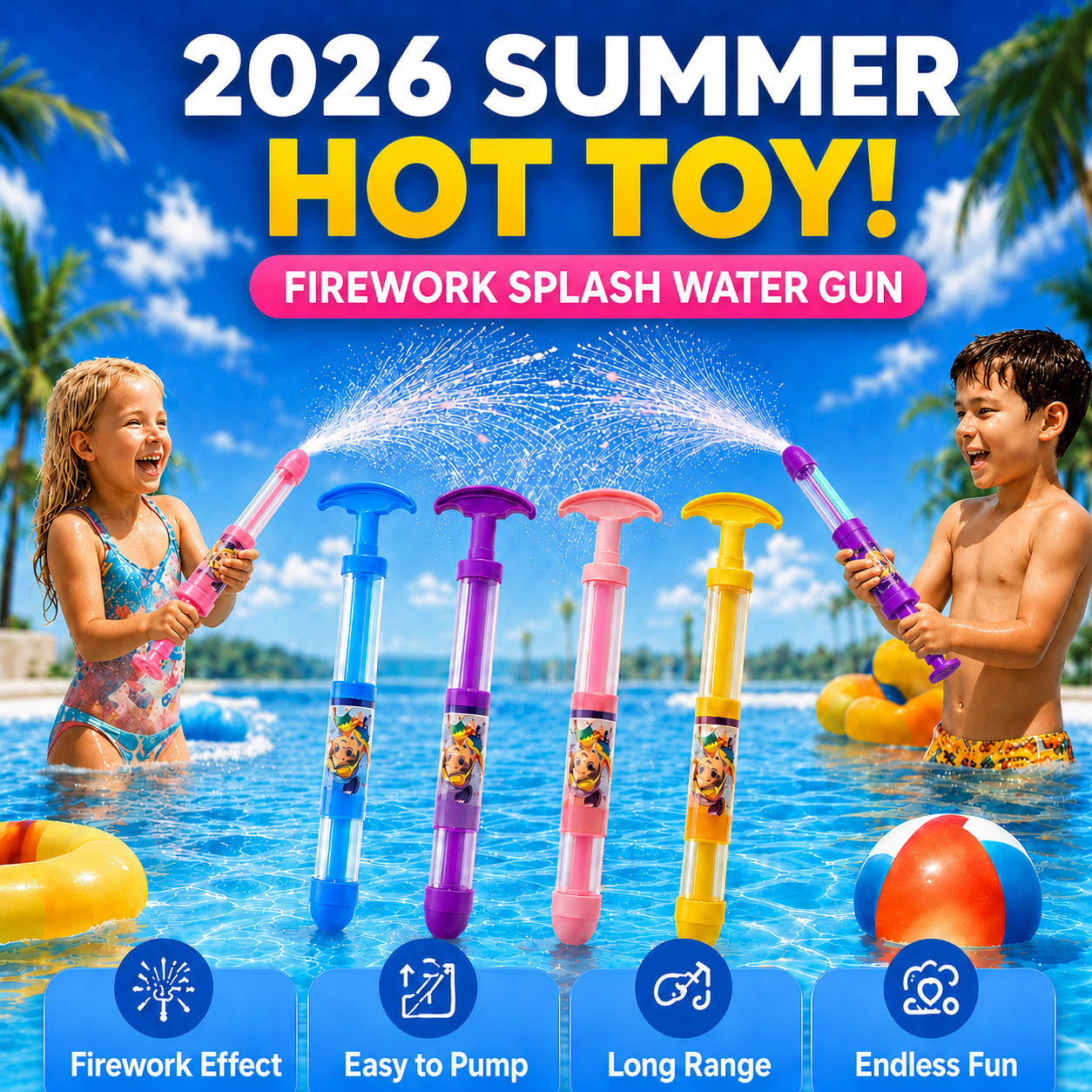 🥳 2026 HOT SALE💞70K+ SOLD! · 58% OFF! TIMNAMY® Pull-Out Firework Water Gun Toy 🎆💦 Fun Splash Water Blaster for Pool, Beach, Bath & Garden