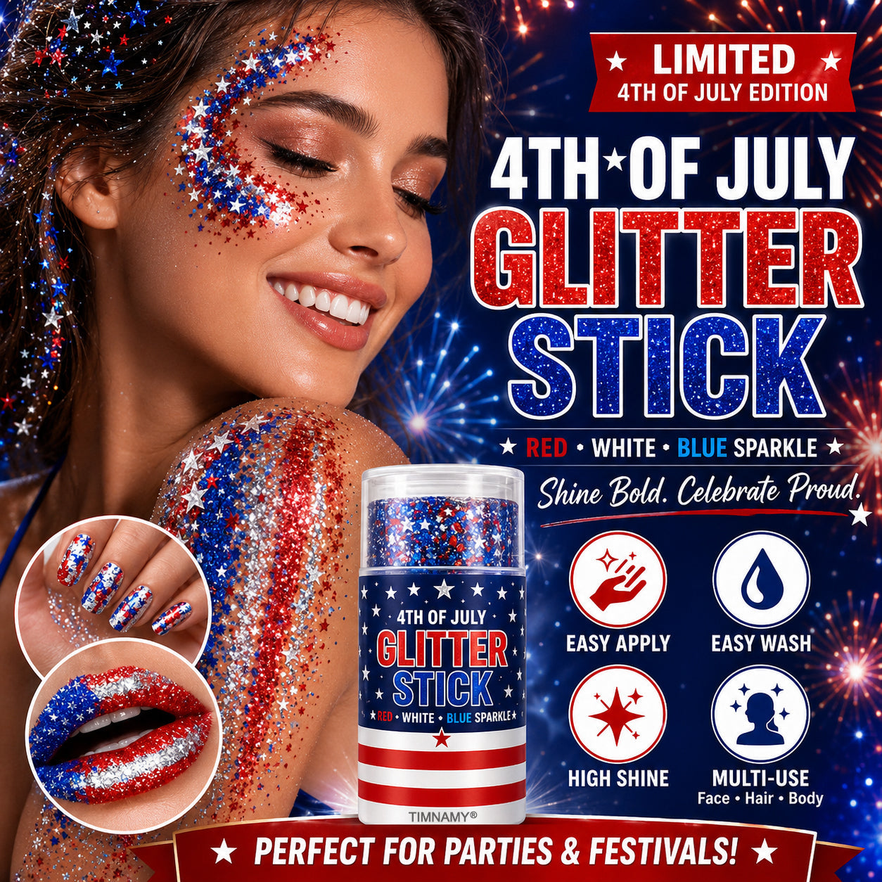 🔥 Last Day: 70% Off 🎆TIMNAMY® No-Glue Patriotic Glitter Stick | Waterproof Long-Lasting Glitter for Face, Hair & Body 🗽