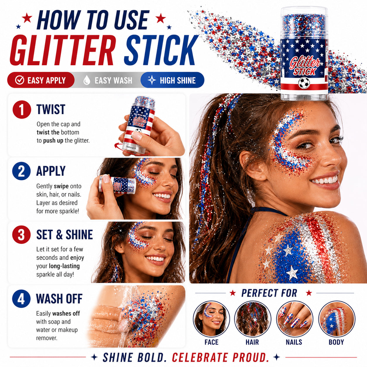 🔥 Last Day: 70% Off 🎆TIMNAMY® No-Glue Patriotic Glitter Stick | Waterproof Long-Lasting Glitter for Face, Hair & Body 🗽