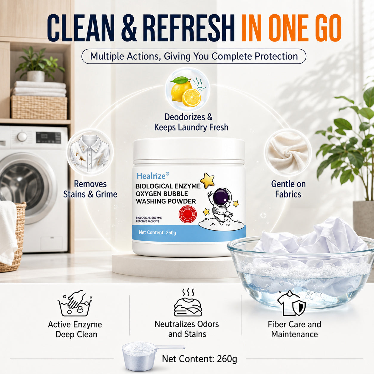 🔥 Healrize® Biological Enzyme Oxygen Bubble Washing Powder | Deep Stain Remover for Clothes, Towels, Bedding & White Sneakers🎉🎉1