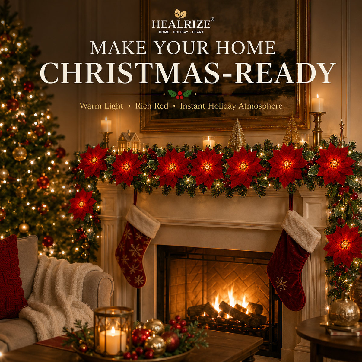 🎄 Healrize® PoinsettiaGlow Garland Lights – Add Warm Christmas Magic to Trees, Mantels & More🌺