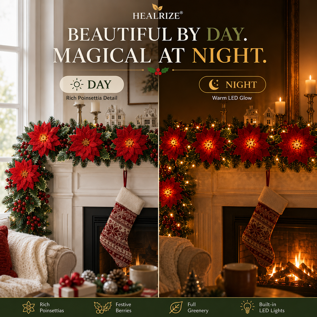 🎄 Healrize® PoinsettiaGlow Garland Lights – Add Warm Christmas Magic to Trees, Mantels & More🌺