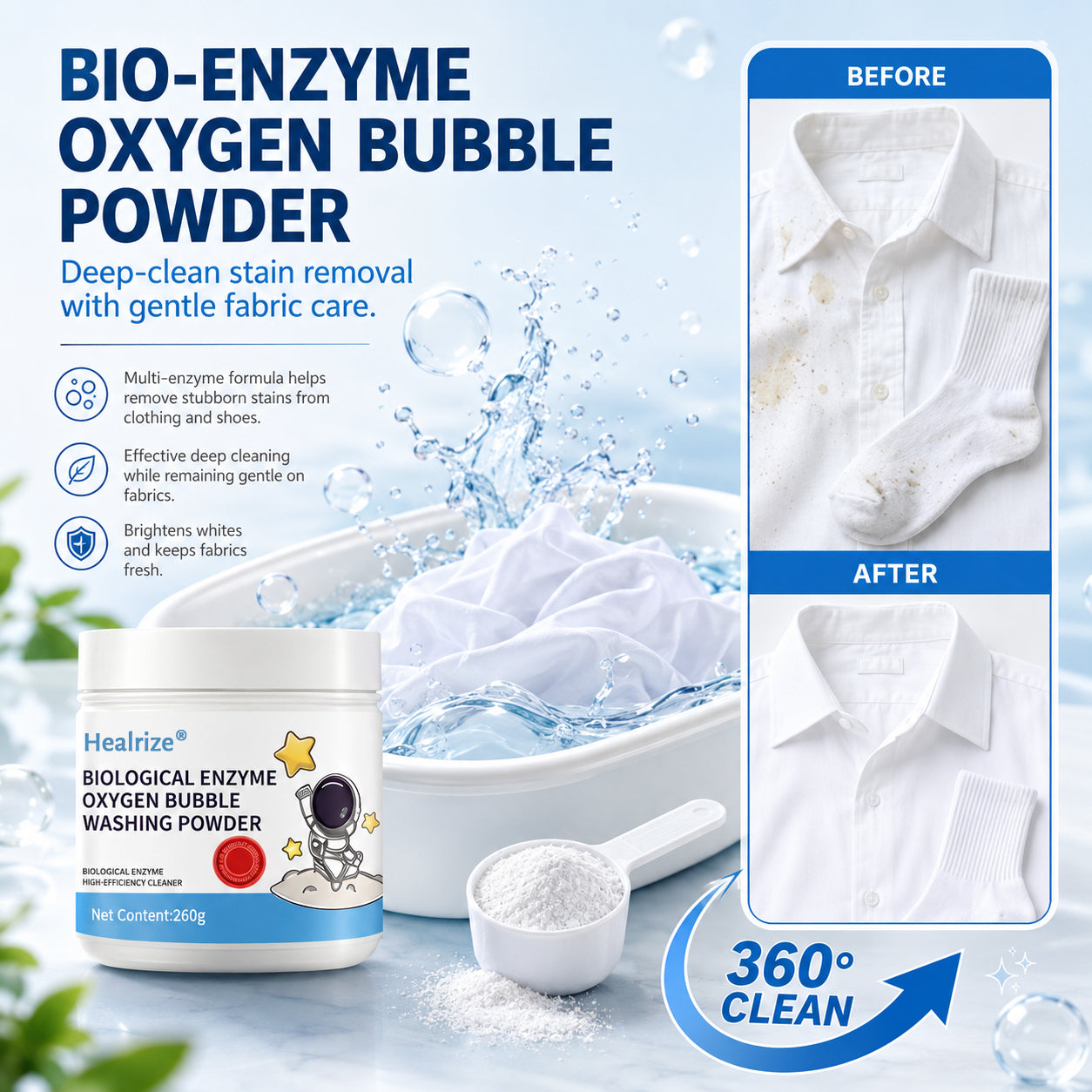 🔥 Healrize® Biological Enzyme Oxygen Bubble Washing Powder | Deep Stain Remover for Clothes, Towels, Bedding & White Sneakers🎉🎉1