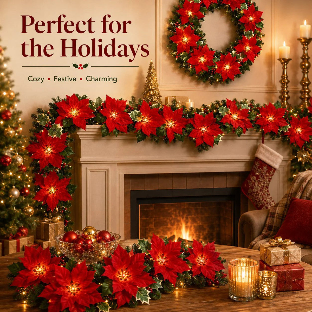 🎄 Healrize® PoinsettiaGlow Garland Lights – Add Warm Christmas Magic to Trees, Mantels & More🌺