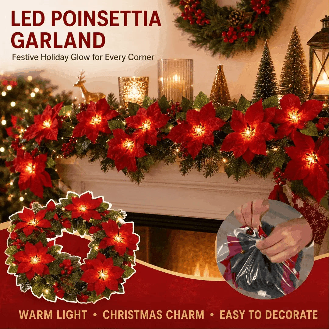 🎄 Healrize® PoinsettiaGlow Garland Lights – Add Warm Christmas Magic to Trees, Mantels & More🌺