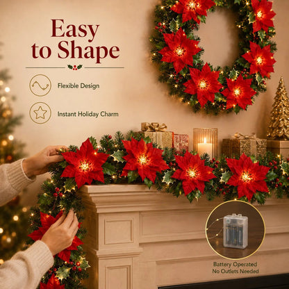 🎄 Healrize® PoinsettiaGlow Garland Lights – Add Warm Christmas Magic to Trees, Mantels & More🌺