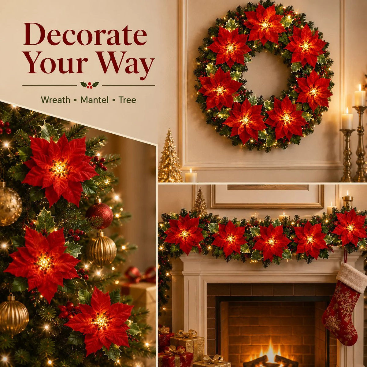 🎄 Healrize® PoinsettiaGlow Garland Lights – Add Warm Christmas Magic to Trees, Mantels & More🌺