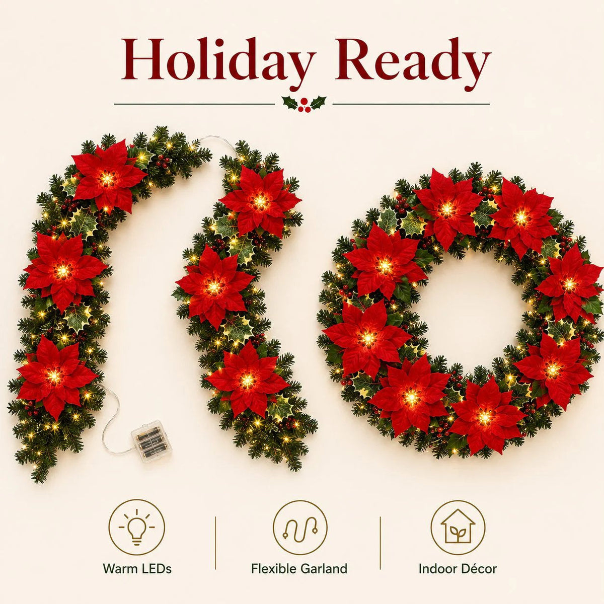 🎄 Healrize® PoinsettiaGlow Garland Lights – Add Warm Christmas Magic to Trees, Mantels & More🌺