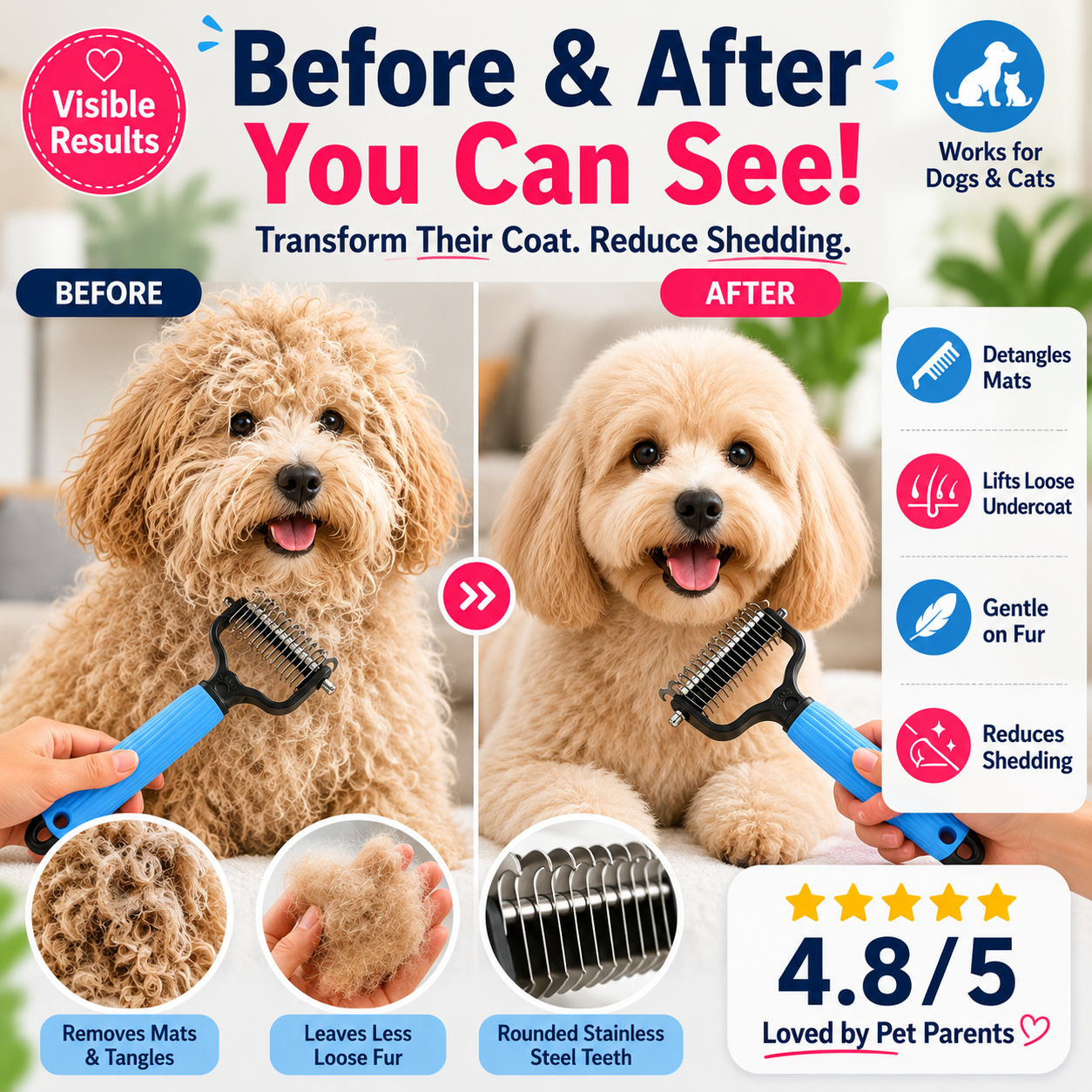 🔥 TIMNAMY® Dual-Sided Pet Grooming Rake 🐾Gentle De-Shedding & Detangling Comb for Dogs🐶 & Cats🐱2