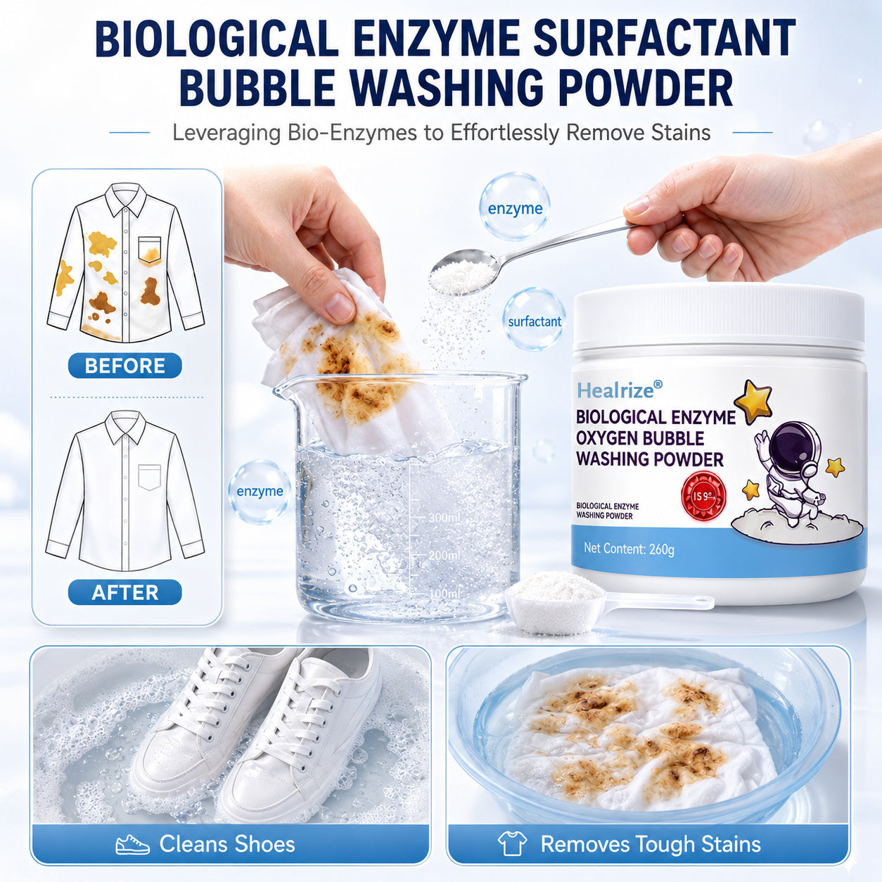 🔥 Healrize® Biological Enzyme Oxygen Bubble Washing Powder | Deep Stain Remover for Clothes, Towels, Bedding & White Sneakers🎉🎉1