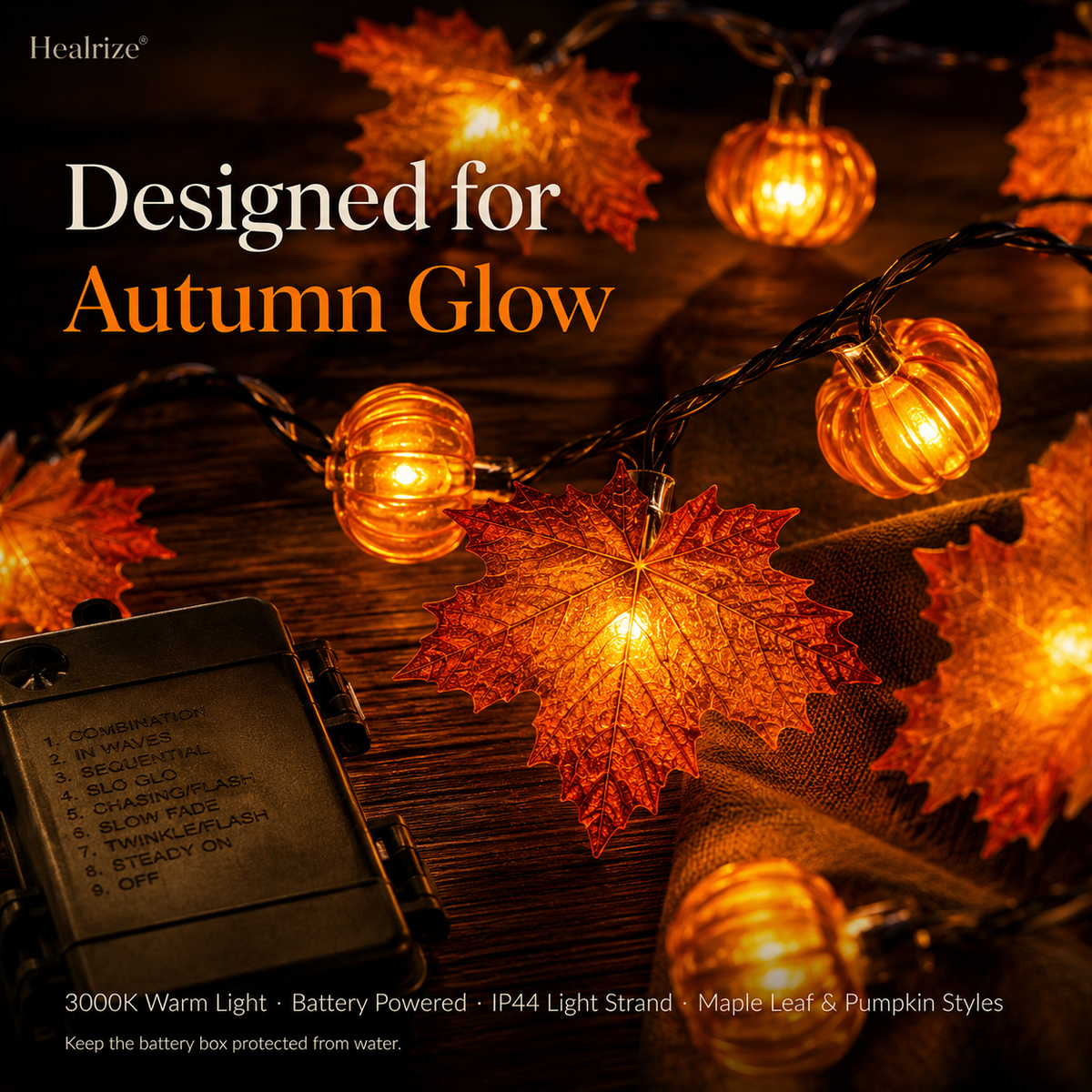 🍁 Healrize® Fall Maple Leaf & Pumpkin String Lights – 🎃 Cozy Warm Glow for Halloween, Thanksgiving & Autumn Decor ✨
