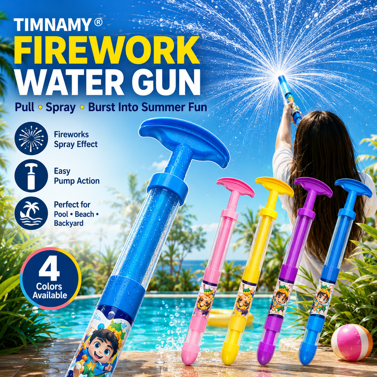🥳 2026 HOT SALE💞70K+ SOLD! · 58% OFF! TIMNAMY® Pull-Out Firework Water Gun Toy 🎆💦 Fun Splash Water Blaster for Pool, Beach, Bath & Garden