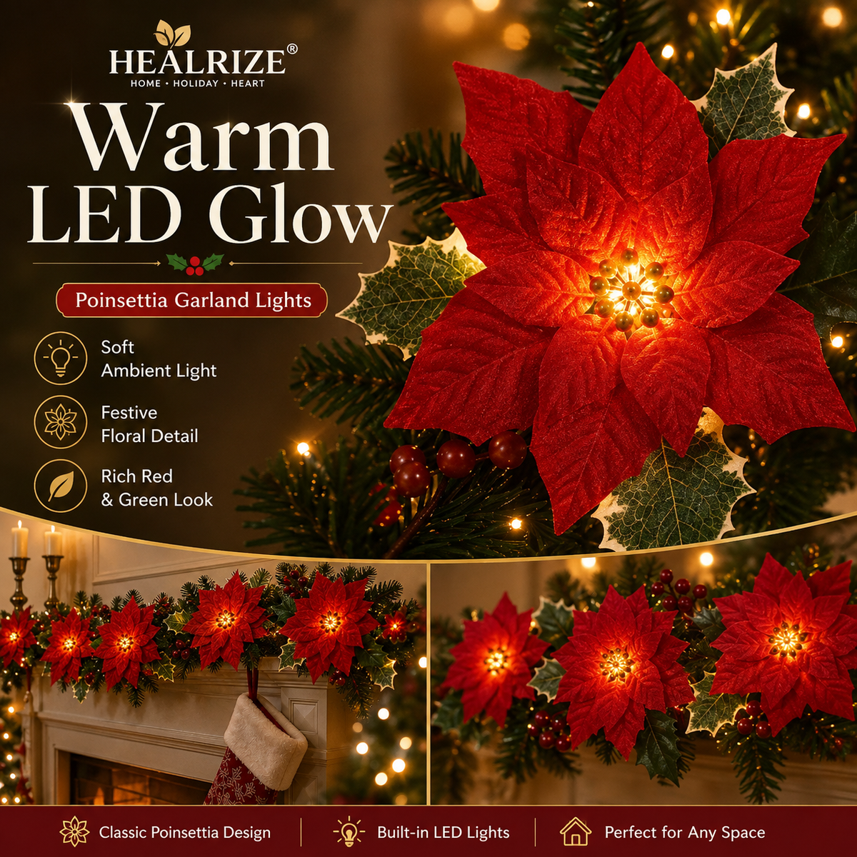 🎄 Healrize® PoinsettiaGlow Garland Lights – Add Warm Christmas Magic to Trees, Mantels & More🌺