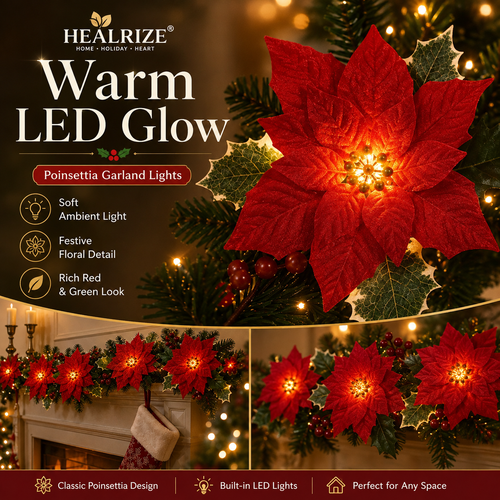 🎄 Healrize® PoinsettiaGlow Garland Lights – Add Warm Christmas Magic to Trees, Mantels & More🌺