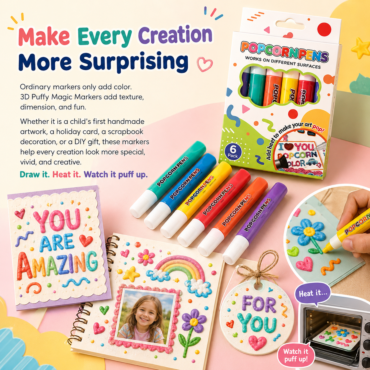 🎨Healrize® Magical Puffy 3D Ink Markers | Heat-Activated Popcorn Pens for Kids DIY Crafts, Raised Bubble Art, Cards, Scrapbooks & Multi-Surface Decorating🎁1